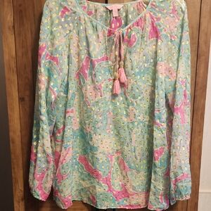 Lilly Pulitzer Silk Rilla Metallic Dot Multicolored Sheer Blouse -Tassel Tie